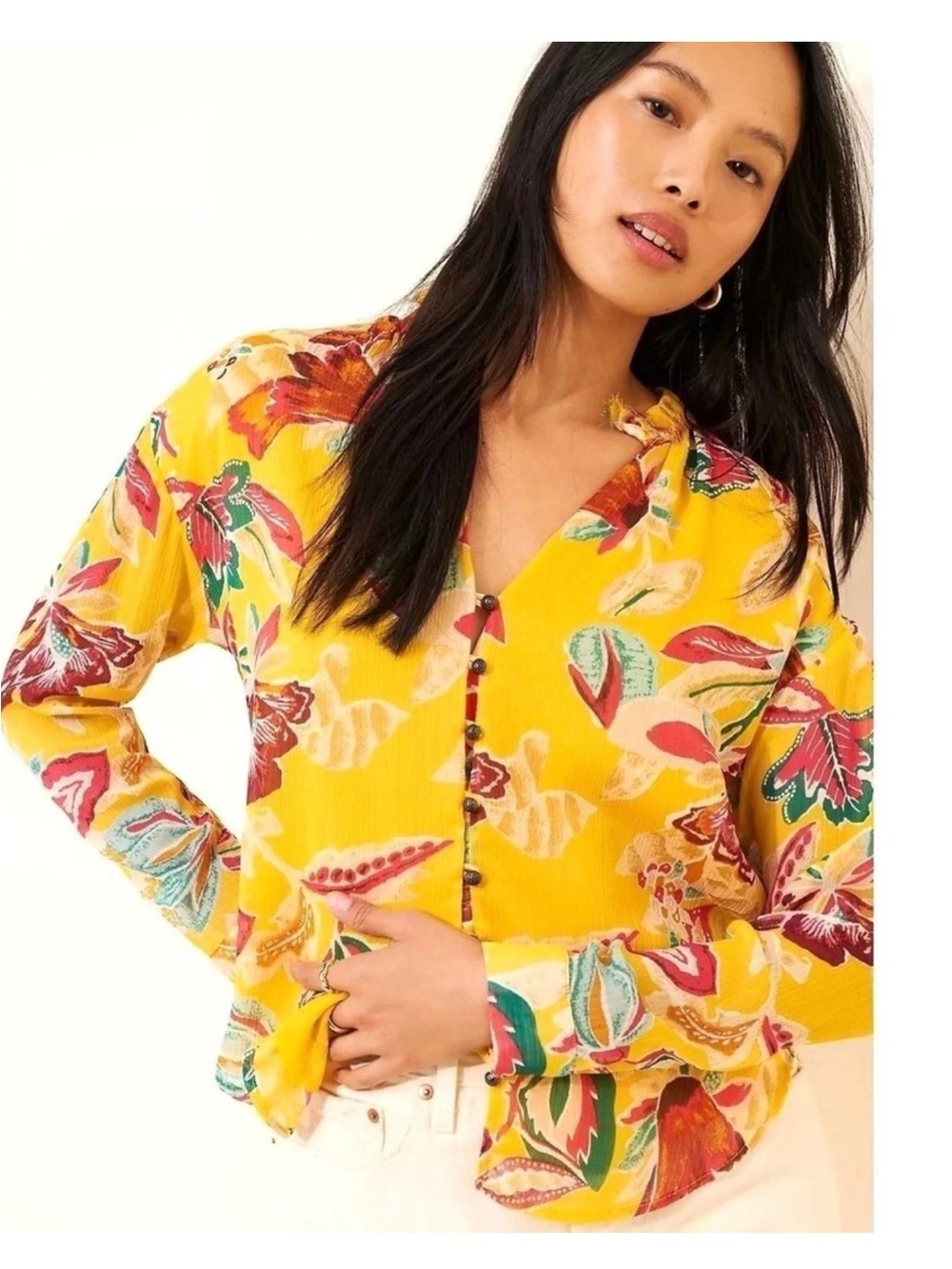 Pilcro Yellow Floral Button-Front Blouse. Tons of details!